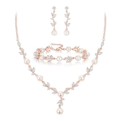 EVER FAITH Cubic Zirconia Pearl Leaf Bridal Jewelry Set for Bride Women | White Wedding Prom Necklace Dangle Earrings Bracelet, for Bridesmaid - color: Marquise_Rose Gold-Plated-Brass