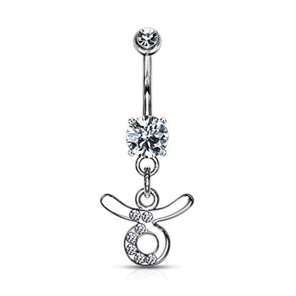 Forbidden Body Jewelry Surgical Steel CZ Jeweled Zodiac Sign Dangle Belly Button Ring - style: Taurus