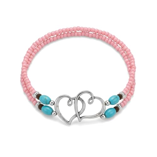 Ankle Bracelets for Women Waterproof Elastic Anklets | Boho Layered Beaded Ankle Bracelet Double Heart Colorful Anklet Summer Beach Jewelry Accessories - style: Pink Style
