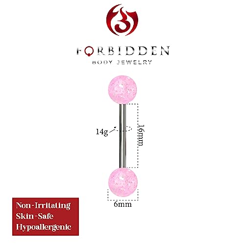 Forbidden Body Jewelry 14G 16mm (5/8 Inch) Surgical Steel Ultra Glitter Tongue Ring - style: Pink