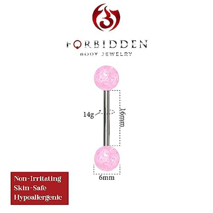 Forbidden Body Jewelry 14G 16mm (5/8 Inch) Surgical Steel Ultra Glitter Tongue Ring - style: Pink