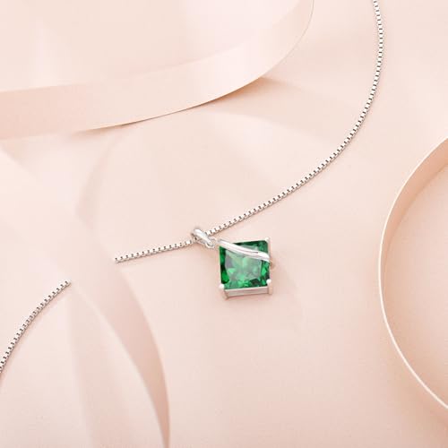 Square Princess Cut Necklace 925 Sterling Silver Solitaire Pendant Necklace Birthstone Jewelry Gifts for Women - color: 05 May - Emerald