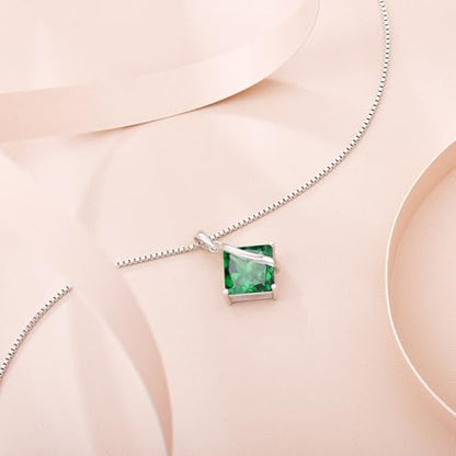 Square Princess Cut Necklace 925 Sterling Silver Solitaire Pendant Necklace Birthstone Jewelry Gifts for Women - color: 05 May - Emerald