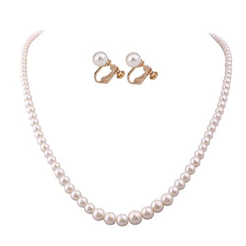 Handmade Faux Pearl Necklace and Clip on Earrings Jewelry Sets for Women Bib Choker Collar Necklace - color: 47cm Necklace+Clip Earrings