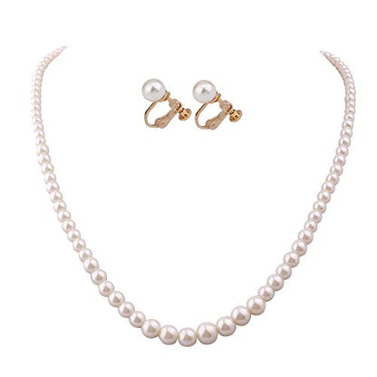 Handmade Faux Pearl Necklace and Clip on Earrings Jewelry Sets for Women Bib Choker Collar Necklace - color: 47cm Necklace+Clip Earrings