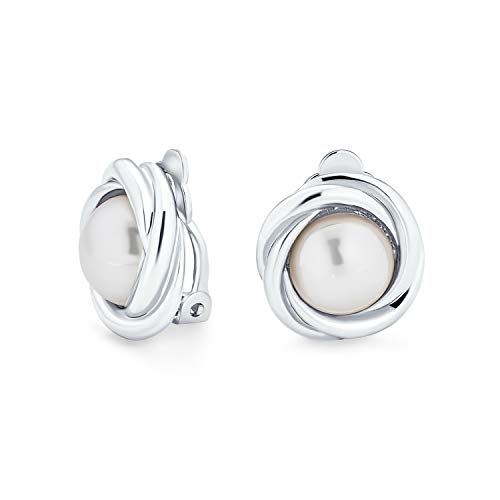 Classic Faux White Pearl Clip On Earrings Cable Bezel Set Rhodium Plated