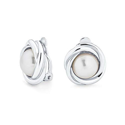 Classic Faux White Pearl Clip On Earrings Cable Bezel Set Rhodium Plated