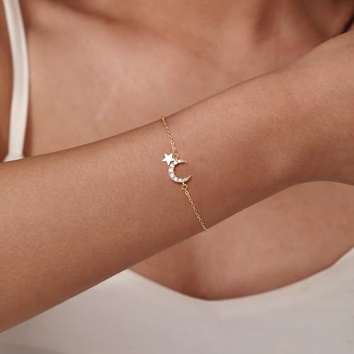 SUYACS 925 Sterling Silver Star Moon Bracelets for Women Mom | Dainty 14K Gold Plated Crescent CZ Link Bracelet Lucky Friendship Charm Chain Jewelry Birthday Gifts for Daughter Friends - color: Gold