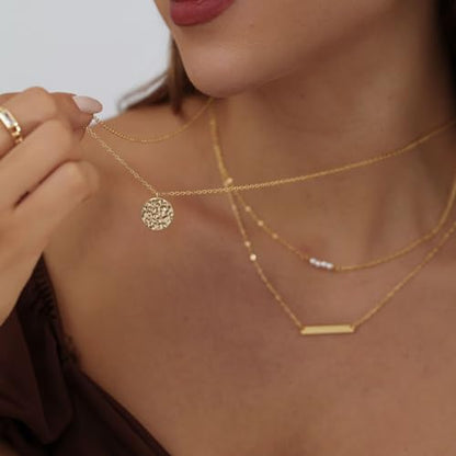 ASCOMY Layered Necklaces for Women Dainty Gold Necklace 14K Gold Plated Herringbone Necklace for Women Pearl Cross Necklace Paperclip Cuban Figaro Rope Satellite Chain Gold Choker Trendy Jewelry Gift - style: 3Layered Bar Pearl Hammered-GD
