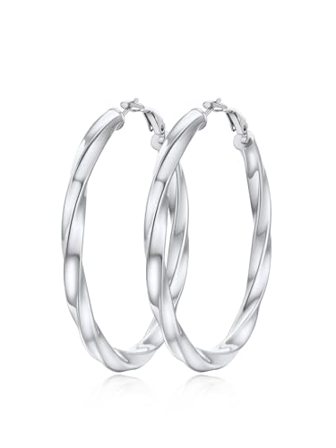FindChic Twisted Hoop Earrings for Women, Silver/Black/14K Gold Plated Hypoallergenic Hollow Tube Rounded Loop Earrings, 30mm/40mm/60mm/80mm Hoops with Custom Name Options and Gift Box - color: b.Silver, size: 60MM