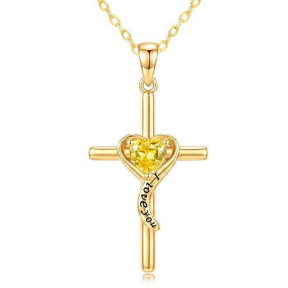 14K Gold Cross Necklace for Women Dainty Birthstone Pendant | Heart I Love You Romantic Jewelry Anniversary Christian Religious Baptism Birthday Gifts with 18"+2" Adjustable Chain - color: 14K Gold-11-Nov Birthstone