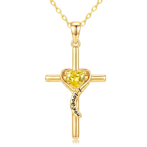 14K Gold Cross Necklace for Women Dainty Birthstone Pendant | Heart I Love You Romantic Jewelry Anniversary Christian Religious Baptism Birthday Gifts with 18"+2" Adjustable Chain - color: 14K Gold-11-Nov Birthstone