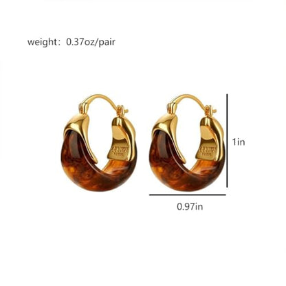 Retro Chunky Gold Brown Amber Hoop Earring, Trendy Boho White Resin Dangling Earrings for Women Dainty Minimalism Daily Party Jewelry Gifts Accessories - color: Brown