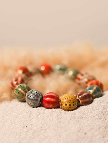 Boho Hippie Colorful Ceramic Beads Strand Stretch Bracelet, Bohemian Summer Beach Jewelry Gift for Women - color: S04