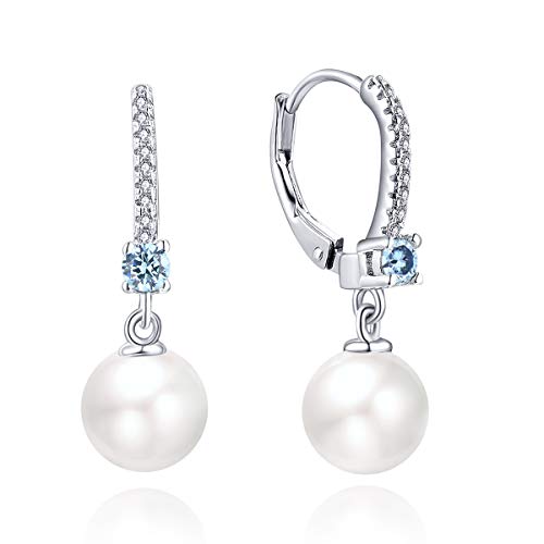 JO WISDOM 925 Sterling Silver Freshwater Pearl Hoop Earrings with Dangle Real Pearl,Simulated Pearls - color: B-8mm white pearl,aquamarine color