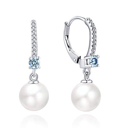JO WISDOM 925 Sterling Silver Freshwater Pearl Hoop Earrings with Dangle Real Pearl,Simulated Pearls - color: B-8mm white pearl,aquamarine color