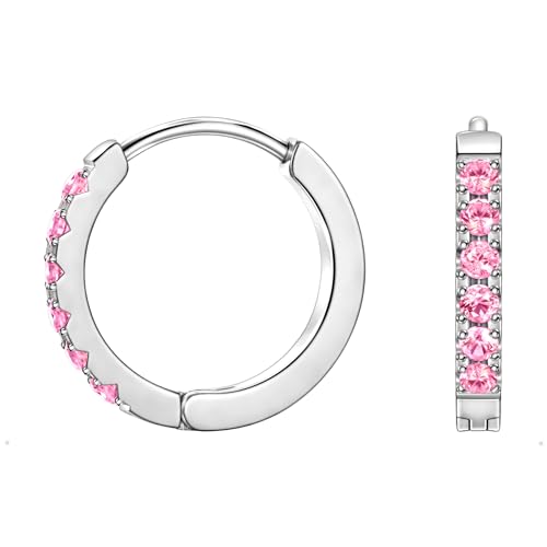 Birthstone Huggie Hoop Earrings for Women, Cubic Zirconia Small Hoops | 316L Surgical Steel, 18K Gold or Silver, 6-10mm, Hypoallergenic Waterproof, Cartilage Piercing, Birthday Gift - color: 10 OCT. Pink - Silver, size: 10mm