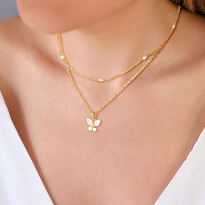Dainty Choker Necklace for Women 18K Gold Plated Shining Dots Box Chain Sparkle Necklaces Cute Paperclip Link Herringbone Necklace Exquisite Jewelry Gifts for Mom Girlfriend - style: Z/Layered Pearl Butterfly