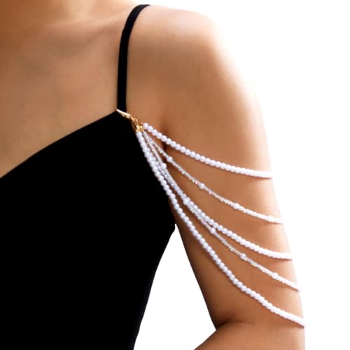 Multi Layer Pearl Beaded Arm Chain, Dainty Crystal Tassel Upper Arm Cuff Bracelet, Adjustable Bead Shoulder Body Chain Jewelry for Women Wedding Party Evening Prom Accessories