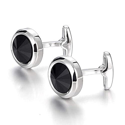 Mens Cufflinks Elegant Style Cuff Link Super Shiny Navy Blue Crystal Circular Cufflinks with Gift Box - color: Black