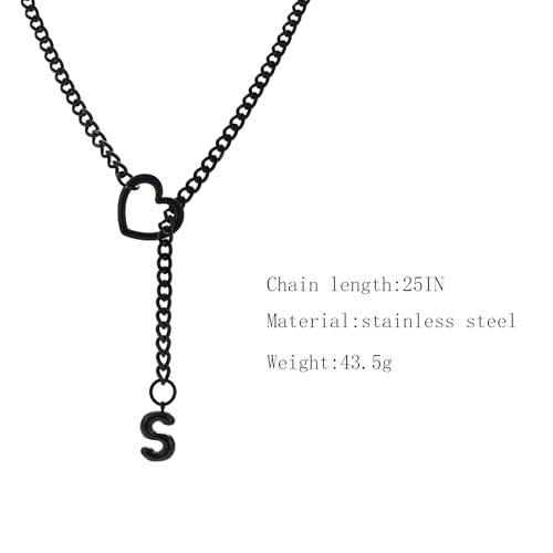 sroyte Black Heart Slip Chain Initial Necklaces for Women,Stainless Steel O-Ring Adjustable Lariat Heart Y-Necklace,Punk Gothic Cuban Collar Choker Necklace for women - color: Black S