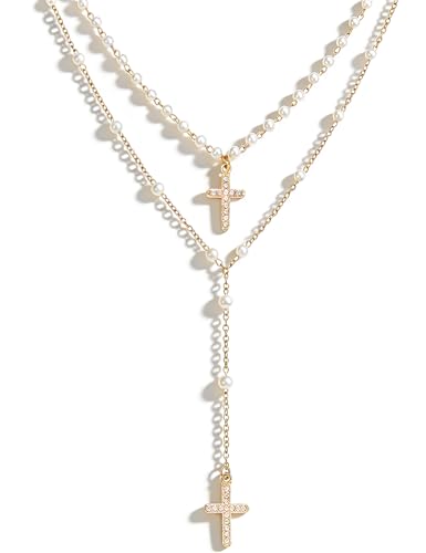 4PCS Layered Gold Cross Necklaces for Women Trendy, Bohemian Bead Pearl Y Long Pendant Necklace Set, Vintage Rosary Necklace Stack Adjustable Length - color: Gold-pearl-2PCS