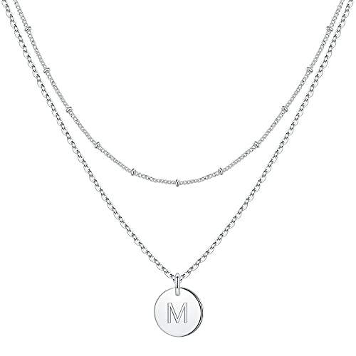 IEFWELL Initial Necklaces for Women Girls, Disc Letter A-Z Layered Necklace | Disc Necklaces for Women Girls, 14K Gold Plated, Double Side Engraved Coin Necklaces, Jewelry Birthday Gifts for Teen Girls - color: White, size: 14"+2"/16"+2", style: M