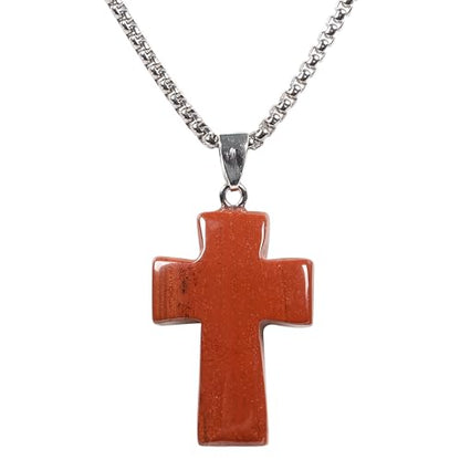 Justinstones 32mm Gemstone Carved Cross Reiki Chakra Pendant With Stainless Steel Necklace 22 Inch - color: Red Jasper