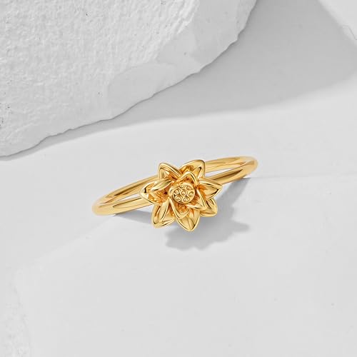 Birth Flower Stacking Ring for Women | 14K Gold Plated Brass, 12 Engraved Floral Motifs, Slim Stack-Ready Band, Available in US Sizes 5-9 - style: Jul.-Lotus