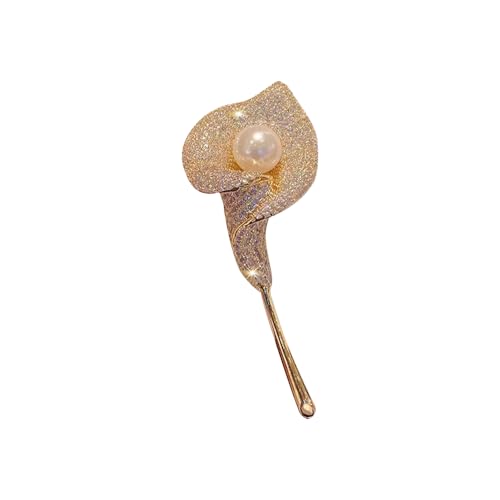 Elegant Floral Brooch Pins for Women, Crystal Pearl Rhinestone CZ Flower Lapel Pin Wedding Party Exquisite Brooches and Pins for Women Ladies - color: Gold+White
