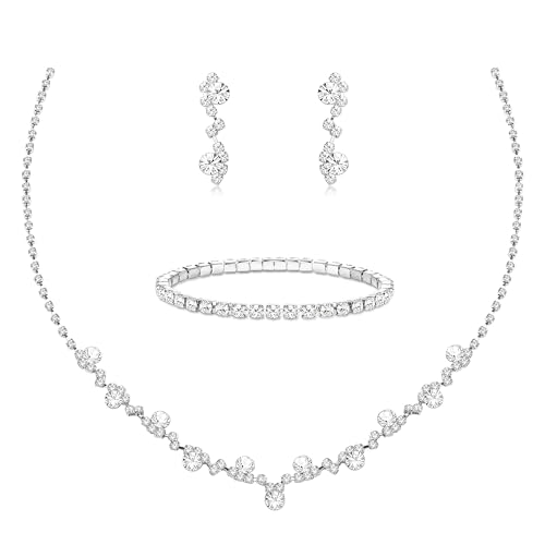 Crystal Silver Necklace and Earrings with Crystal Bracelet for Women | Teardrop Dangle Earrings Rhinestone Necklace Bracelet for Bride Bridesmaid Crystal Bridal Wedding Party Jewelry Sets - style: flower neckalce+elastic bracelet