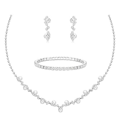 Crystal Silver Necklace and Earrings with Crystal Bracelet for Women | Teardrop Dangle Earrings Rhinestone Necklace Bracelet for Bride Bridesmaid Crystal Bridal Wedding Party Jewelry Sets - style: flower neckalce+elastic bracelet
