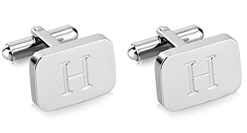 18K White-Gold Plated Initial Engraved Stainless Steel Men’s Cufflinks With Gift Box -Personalized Alphabet Letter’s A-Z By Lux & Pair - style: H- White Gold