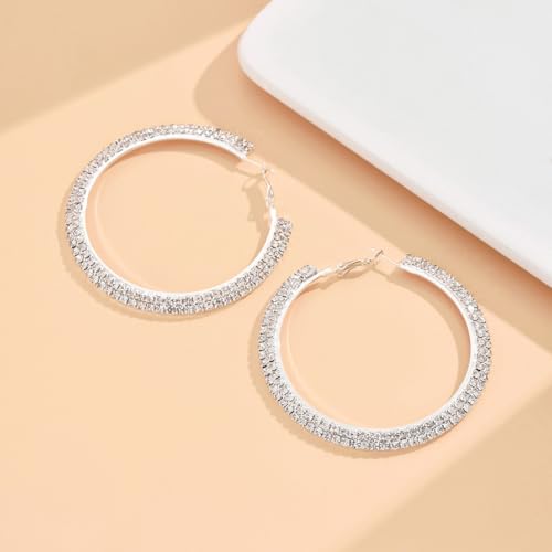 Large Silver Rhinestone Hoop Earrings Sparkly Big Hoop Earrings for Women Bling Chunky Silver Hoops 40/50/60/70mm Trendy Prom Wedding Christmas Jewelry - style: Diameter - 40mm