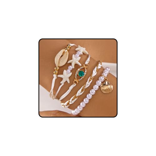 Shell Bracelets for Women Layered Seashell Starfish Bracelets Stackable Stretch Boho Beaded Bracelet Summer Beach Surfer Bracelet Seaside Beach Dress Outfits Accessories - color: B2:shell bracelets
