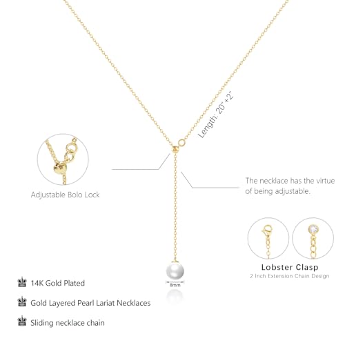 Luxval Lariat Gold Necklace for Women, Dainty Long Necklace 14k Gold Plated/Silver Y-Shaped Pendant Necklaces Trendy Beaded Chain Drop Necklaces Jewelry for Women Gifts - color: Gold-adjustable Pearl