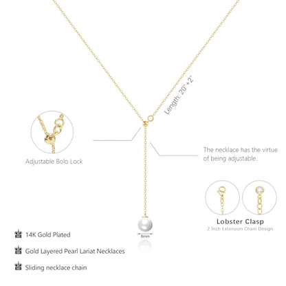 Luxval Lariat Gold Necklace for Women, Dainty Long Necklace 14k Gold Plated/Silver Y-Shaped Pendant Necklaces Trendy Beaded Chain Drop Necklaces Jewelry for Women Gifts - color: Gold-adjustable Pearl
