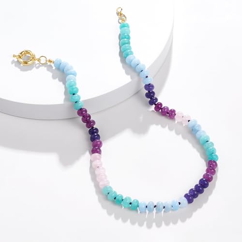 KissYan Beaded Gemstone Necklaces for Women | Colorful Bead Natural Stone Choker with 14K Gold Plated Spring Ring Clasp, Handmade Knot Jewelry for Summer Beach - color: U-Purple & Green