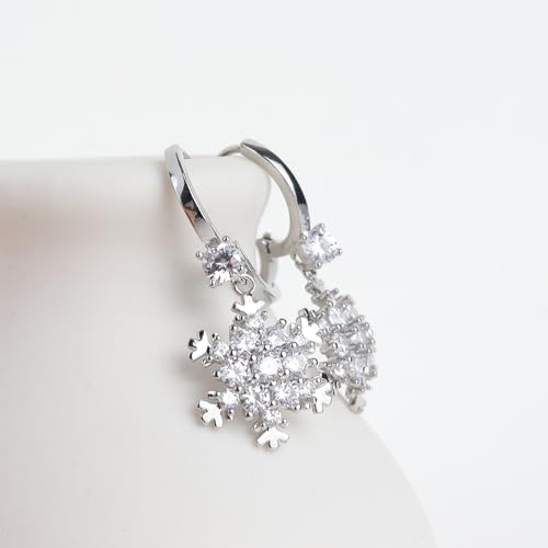 Sonateomber Gold Silver Small Hoop Dangle Earrings for Women, Trendy Dainty Rhinestone CZ Dangling Prom Wedding Leaf Flower Snowflake Butterfly Starfish Fashion Jewelry Gift - color: Silver Snowflake White