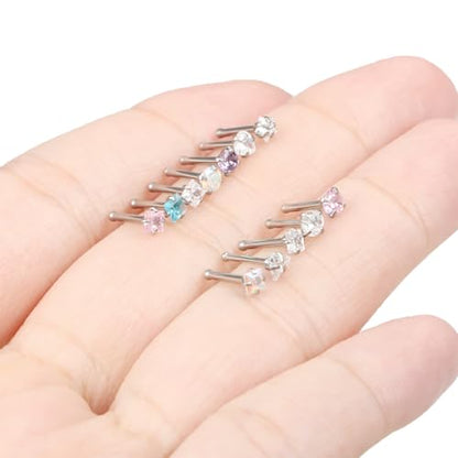 Hypoallergenic Nose Rings Studs 18G & 20G Surgical Steel Nose Studs L Shaped Nostril Piercing Jewelry with Cubic Zirconia for Women & Men - color: 18g,straight,crystal
