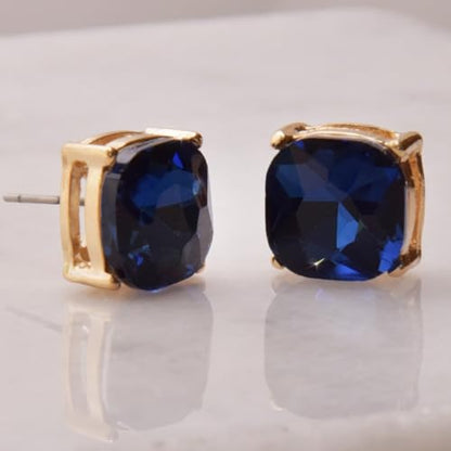 Large Square Stud Earrings for Women - Big Sparkly Rhinestone Studs | Plated in Gold Tone or Silver Tone, Hypoallergenic and Safe for Sensitive Ears - color: Navy Blue