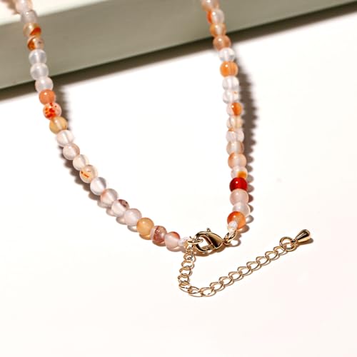 Simple 4mm Gemstones and Crystals Choker Necklace Unisex 16"-18" | Necklaces for Women Men, Adjustable, 40-45 cm Chain Length, Handmade, Spiritual Gemstones, Positive Energy, Daily Wear - style: Red Flower Agate