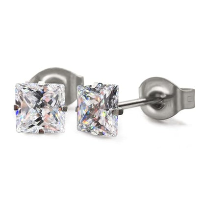 Limerencia Hypoallergenic G23 Pure F136 Implant Grade Titanium Earrings | 20G Flat Back Studs with CZ, Available in Round, Princess-Cut, Square & Ball, Earrings for Women and Men with Sensitive Ears - style: 6mm Square CZ