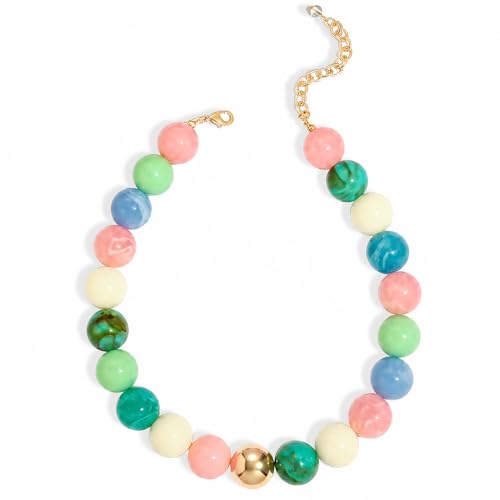 Chunky Beaded Choker Necklace for Women Boho Statement Necklace with Large Pearl Blue Brown Tone Resin Beads Summer Beach Jewelry Gifts - color: Macarons