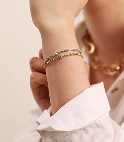OZEL – Women’s Gold Cuff Bracelets – 18K Gold Plated Textured Bangles with Multi-Color Crystal & Rhinestone Accents – Layered Stacking Jewelry - color: RH_Round