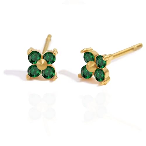 QueenBee 14K Gold Plated Ivy Flower Birthstone Stud Earrings for Women Dainty Floral Gemstone Studs Unique Jewelry Gift for Her - color: May-Emerald