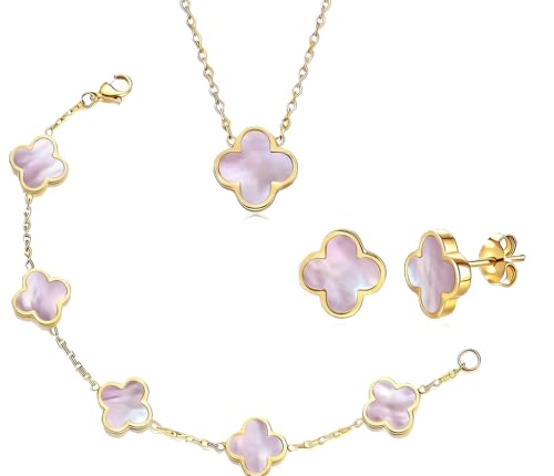 Clover Necklace and Bracelet Set + Four Leaf Clover Earrings, 18K Gold Plated Dainty Jewelry Gift for Women (Pearl White/Ocean Blue/Sweet Lilac) - color: Sweet Lilac