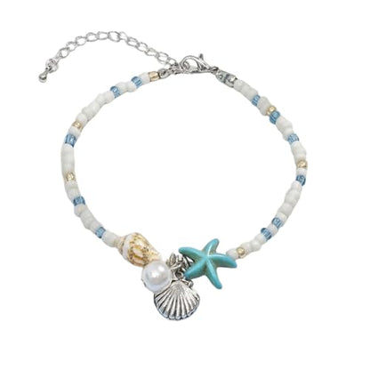 Beach Puka Shell Anklet for Women Waterproof Beaded Ankle Bracelets Adjustable Starfish Seashell Pearl Foot Chain Boho Jewerly Present for Summer Beach Party - color: white
