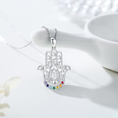 Hamsa Necklace 925 Sterling Silver Evil Eye/Lotus Flower/Star of David/Chai/Yin Yang Hamsa Hand Pendant Jewelry Hand of Fatima Gifts for Women - style: Lotus Chakra Hamsa