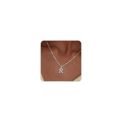 Initial Necklace for Women, 14K Gold Silver Plated Box Chain Letter Pendant, Trendy Name Necklace, Dainty Personalized Charm Jewelry Gift for Her - color: Silver, style: R